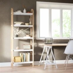 Umbra Bellwood 10.15-in D X 24-in W X 66.77-in H 5-Tier White And Natural Wood Freestanding Shelf