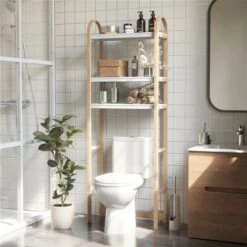 Umbra Bellwood 10.3-in D X 24-in W X 66-in H 3-Tier White And Natural Wood Over The Toilet Shelf